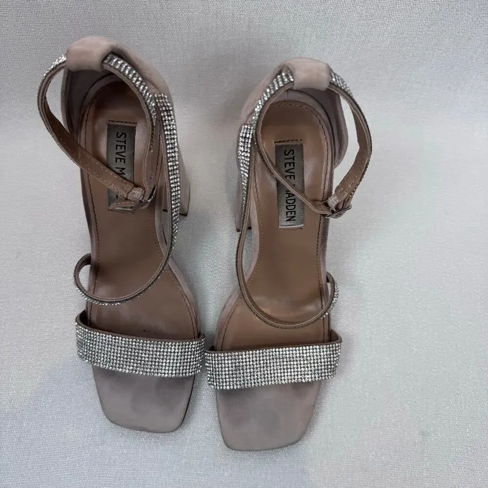 Steve Madden Tia Rhinestone Silver Block Heel Leather Textile Upper WMS Size 7M